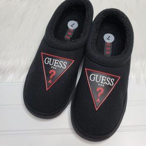 GUESS Wylie Slippers Men's Soft Plush Black Casual House Shoes Size 7 Large Logo